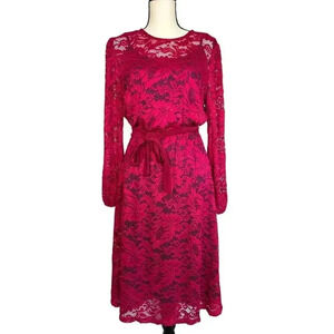 Nikki Poulos Magenta Pink Floral Lace & Blue Lining Size M Stretch Midi Dress